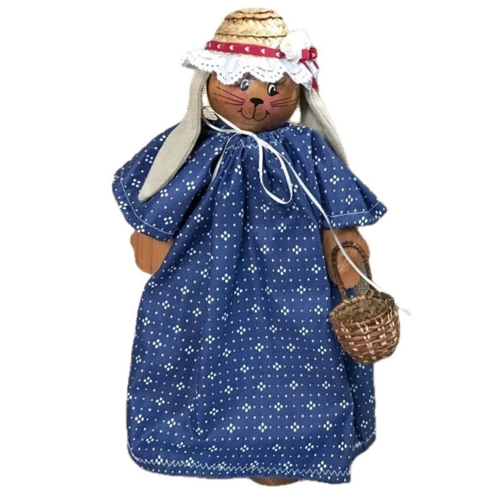 Country Bunny Wood Figure Decoration Lady Rabbit Farmhouse Rustic Cottage Charm